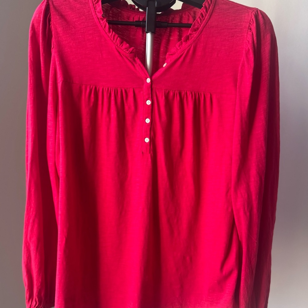LOFT Vibrant Red/Pink top with Ruffle Button Detail Size L